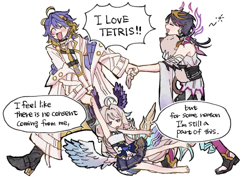 1girl, ahoge, aster_arcadia, black_hair, blonde_hair, blue_hair, bow, brown_hair, dragging, dress, english_text, enna_alouette, flower, gradient_clothes, hair_flower, hair_ornament, head_wings, long_hair, long_sleeves, low_twintails, mmm_toi0, multicolored_clothes, multicolored_hair, multiple_boys, nail_polish, nijisanji, nijisanji_en, purple_eyes, purple_hair, shirt, shu_yamino, sleeveless, smile, streaked_hair, twintails, very_long_hair, virtual_youtuber, white_background, white_shirt, wings