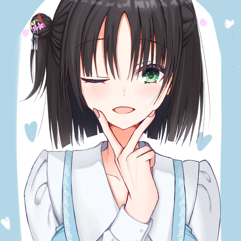 1girl, black_hair, blush, casual, collarbone, dot_nose, eyebrows_hidden_by_hair, eyelashes
