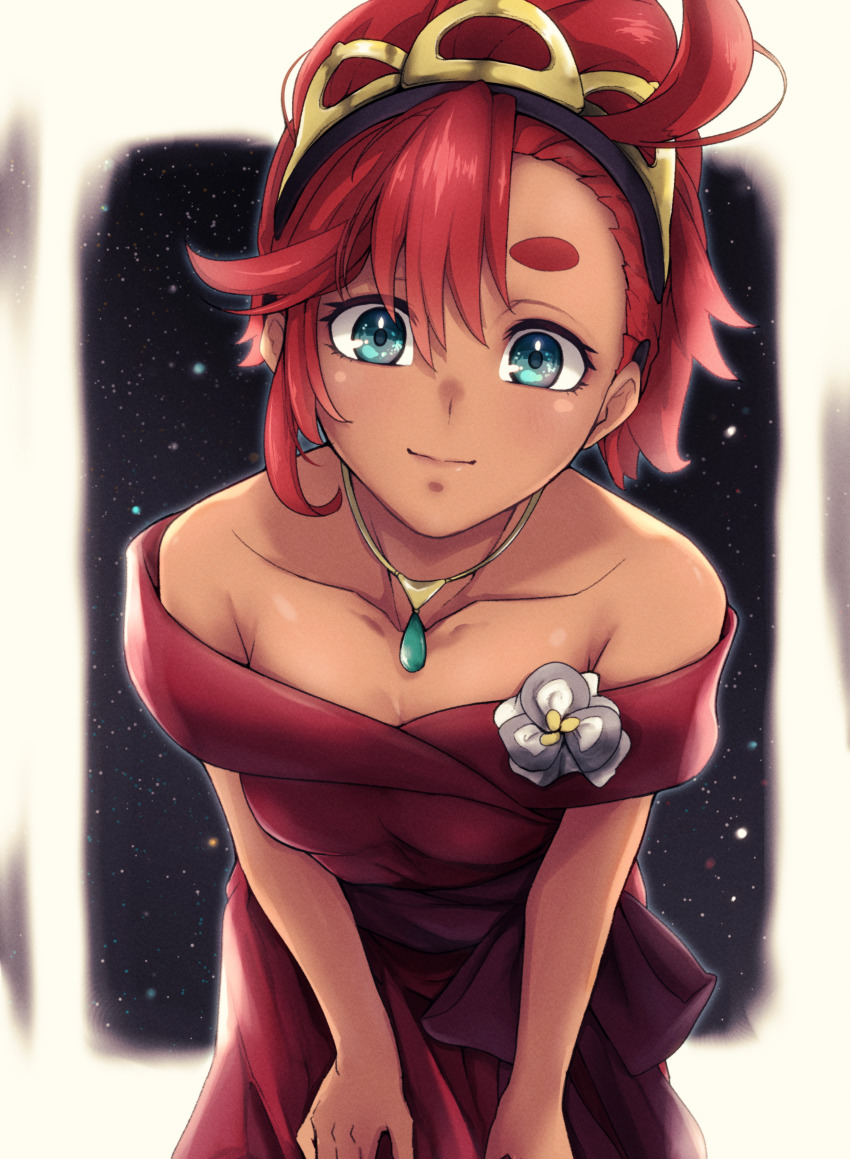 1girl, absurdres, aqua_gem, bare_arms, black_hairband, blue_eyes, collarbone, dark-skinned_female