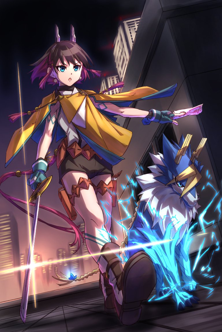 1105suwako, 1girl, azure_striker_gunvolt, azure_striker_gunvolt_3, blonde_hair, blue_eyes, body_markings, brown_hair