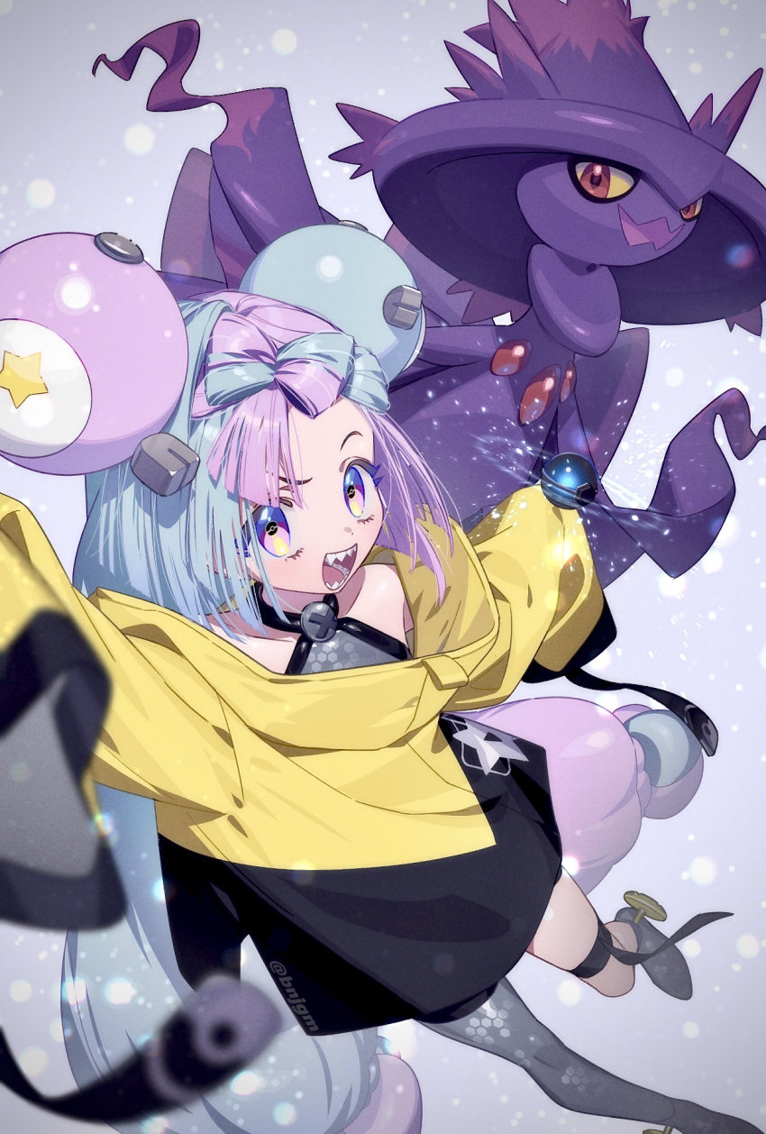 1girl, :d, blurry, bnjgm., boots, character_hair_ornament, commentary_request, gen_4_pokemon, grey_footwear, grey_pantyhose, grey_shirt, hair_ornament, highres, iono_(pokemon), jacket, long_hair, looking_at_viewer, mismagius, nintendo, open_mouth, pantyhose, pokemon, pokemon_(creature), pokemon_scarlet_and_violet, purple_eyes, sharp_teeth, shirt, single_leg_pantyhose, sleeveless, sleeveless_shirt, smile, star_(symbol), star_print, teeth, thigh_strap, tongue, yellow_jacket