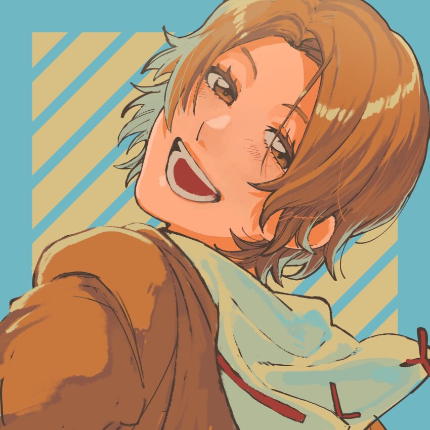 1girl, a_nzi_end, aged_down, bleach, brown_eyes, brown_hair, highres, kurosaki_masaki, looking_at_viewer, open_mouth, sailor_collar, short_hair, simple_background, solo, teeth, upper_body