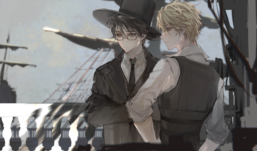 2boys, absurdres, anderson_hood, black_hair, black_headwear, black_jacket, black_necktie, black_vest, blonde_hair, brown_eyes, chinese_commentary, cloud, commentary_request, crossed_arms, day, erligte, gehrman_sparrow, glasses, green_eyes, highres, jacket, klein_moretti, looking_ahead, lord_of_the_mysteries, multiple_boys, necktie, shadow, ship, shirt, short_hair, vest, watercraft, white_shirt