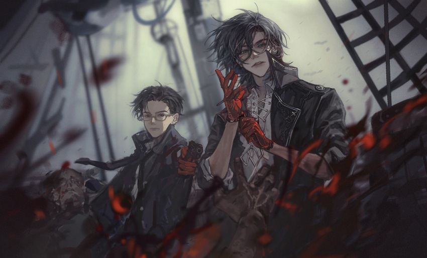 2195305919, 2boys, adjusting_clothes, adjusting_gloves, black_hair, black_jacket, black_necktie, blood, blood_splatter, blurry, blurry_background, brown_eyes, chinese_commentary, commentary_request, gehrman_sparrow, glasses, gloves, green_eyes, gun, highres, holding, holding_gun, holding_weapon, jacket, klein_moretti, leonard_mitchell, lips, looking_at_viewer, lord_of_the_mysteries, multiple_boys, necktie, parted_lips, aiming, ship, shirt, sky, watercraft, weapon, white_shirt, wind