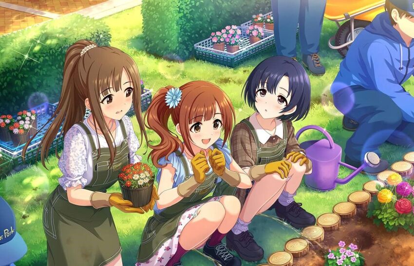 3girls, black_hair, blush, brown_eyes, brown_hair, peeing, flower, garden, hands_on_own_knees, happy, idolmaster, idolmaster_cinderella_girls, igarashi_kyoko, mizumoto_yukari, multiple_girls, nonchalant_peeing, peeing_together, public_indecency, shiragiku_hotaru, side_ponytail, squatting, third-party_edit, watering_with_pee