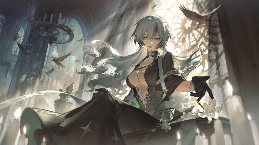 1girl, arch, bird, black_dress, black_gloves, breasts, cathedral, center_opening, chandelier, character_request, church, cleavage, cross, cross_necklace, dress, flower, from_below, gloves, grey_eyes, grey_hair, highres, jewelry, large_breasts, long_hair, necklace, oak_casket_(path_to_nowhere), path_to_nowhere, pillar, renjian_shilian, sitting, solo, sunlight, white_flower, window