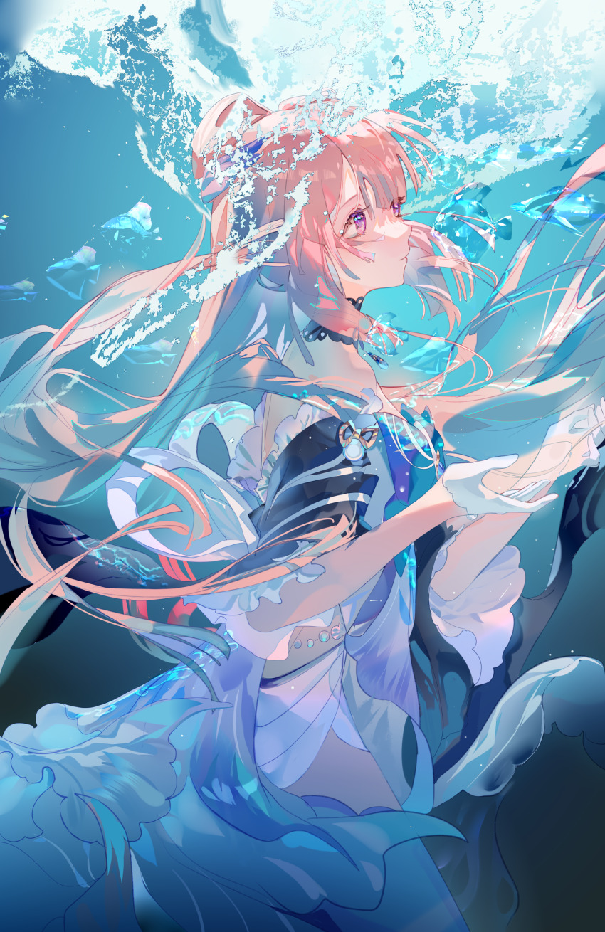 1girl, bare_shoulders, black_collar, blue_shirt, bow-shaped_hair, chinese_commentary, closed_mouth, collar