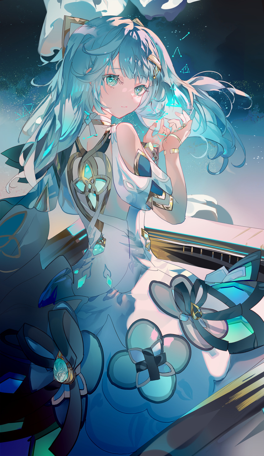 1girl, absurdres, aqua_eyes, aqua_hair, bare_shoulders, blue_dress, bracelet, chinese_commentary, closed_mouth, clothing_cutout, commentary_request, dress, faruzan_(genshin_impact), fre_(haochilanzuo), from_behind, genshin_impact, gold_trim, gradient_clothes, gradient_dress, hair_ornament, hands_up, highres, jewelry, long_hair, looking_at_viewer, looking_back, puffy_short_sleeves, puffy_sleeves, short_sleeves, shoulder_cutout, solo, symbol-shaped_pupils, triangle-shaped_pupils, white_dress, x_hair_ornament