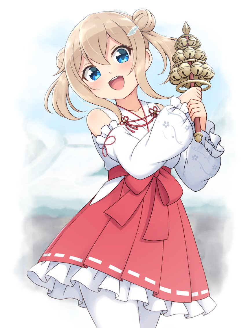 1girl, absurdres, aona_(shiraha_maru), bell, blue_eyes, commentary, cowboy_shot, day