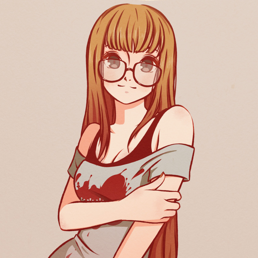 1girl, glasses, gradient_hair, hand_on_own_elbow, hime_cut, hand_on_own_arm, long_hair, looking_at_viewer