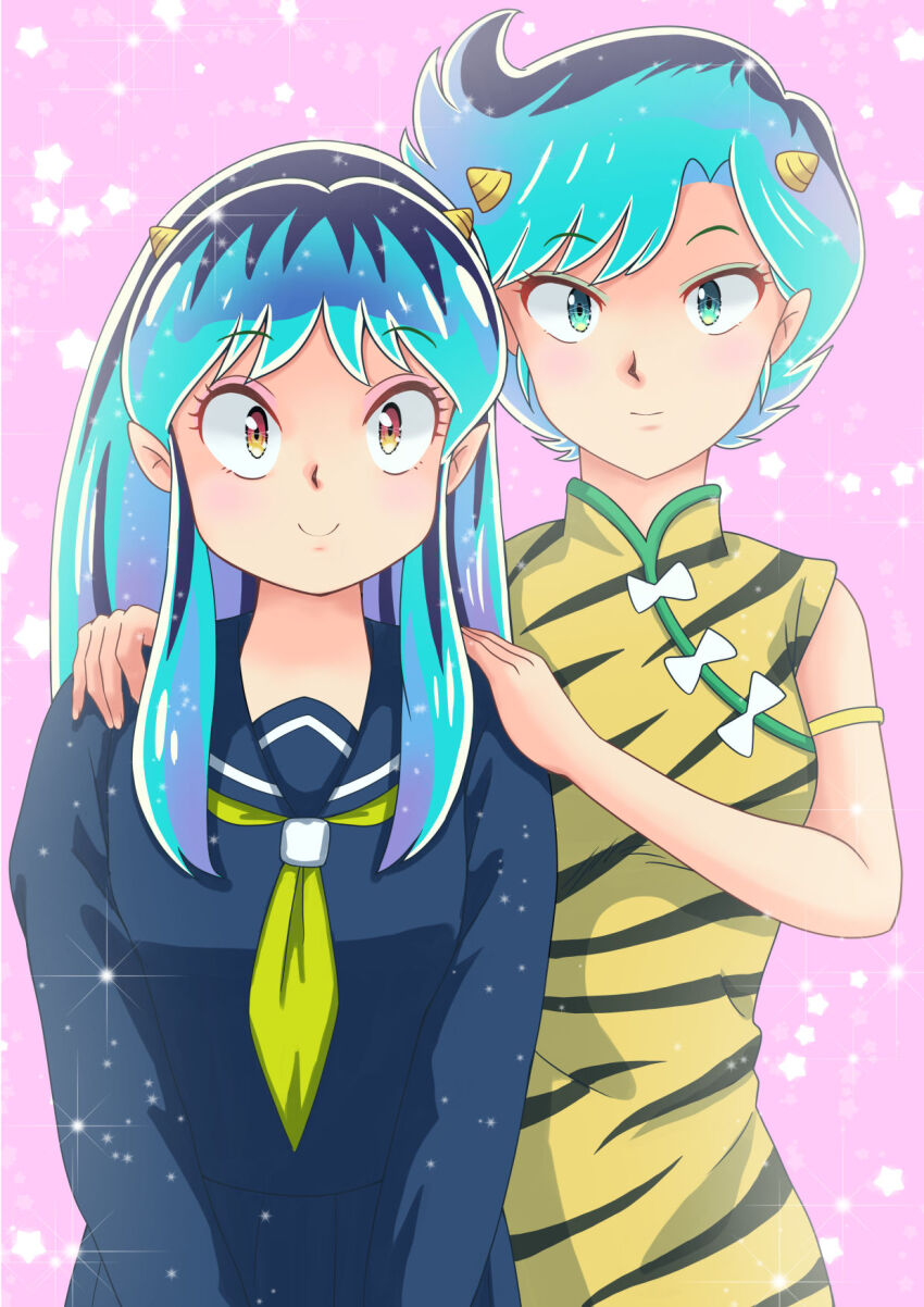 2girls, animal_print, armlet, blue_hair, china_dress, chinese_clothes, cone_horns, dress