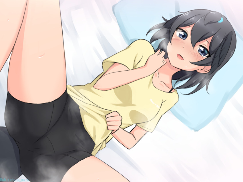 1girl, absurdres, bed_sheet, bike_shorts, bird_girl, bird_tail, black_shorts, blush