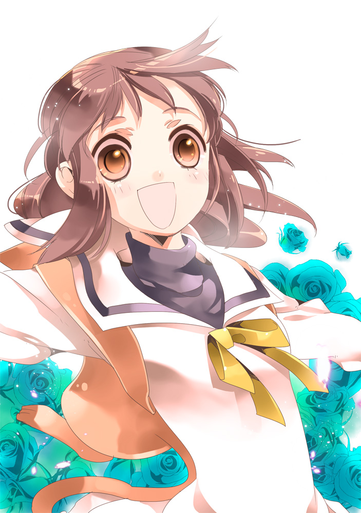 1girl, :d, blue_flower, blue_rose, brown_hair, female_focus, flower, fruits_basket