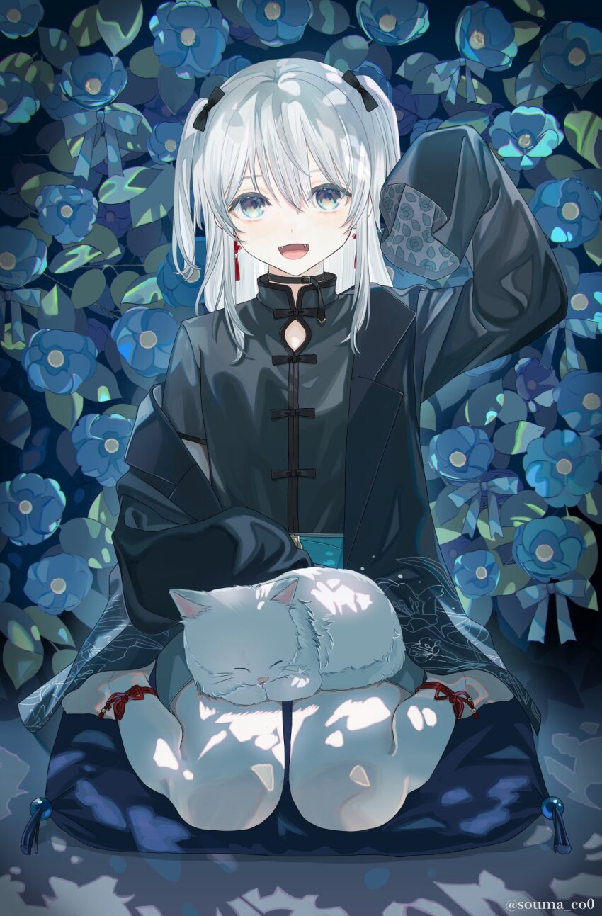 1girl, black_ribbon, black_shirt, blue_eyes, blue_flower, bow, cat, cushion