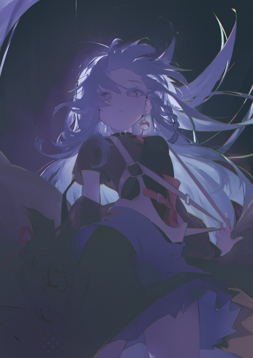 1girl, belt, black_shirt, blue_skirt, braid, chest_harness, clothes_pull, colored_eyelashes