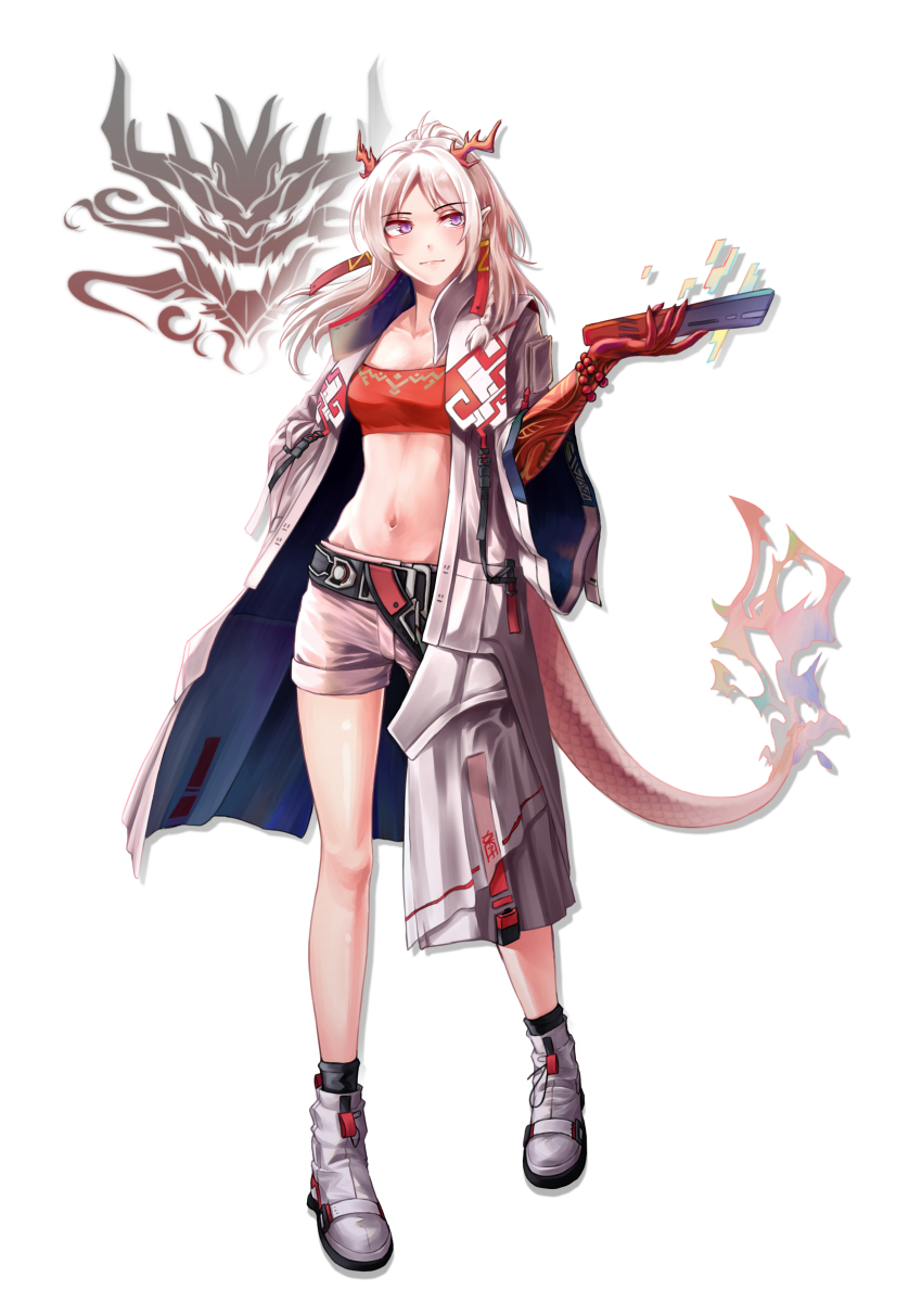 1girl, absurdres, arknights, bandeau, bare_legs, belt, black_belt, coat, commentary_request, full_body, hand_up, highres, holding, horns, jhini, long_hair, long_sleeves, looking_at_viewer, midriff, navel, nian_(arknights), open_clothes, open_coat, purple_eyes, shoes, shorts, simple_background, solo, standing, stomach, strapless, sui_logo, tail, tube_top, white_background, white_coat, white_hair, white_shoes, white_shorts, wide_sleeves