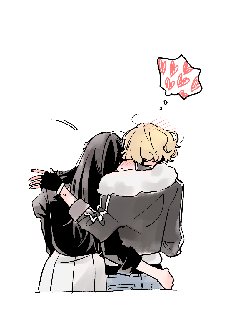 2girls, bak_pep, black_hair, blonde_hair, blush, buried_stars, dress, hand_blush, hand_on_another's_hip, head_on_another's_shoulder, heart, holding, jacket, long_hair, long_sleeves, min_juyoung, multiple_girls, oh_inha, shirt, shoulder_blush, speech_bubble, thought_bubble, white_background, white_dress, yuri