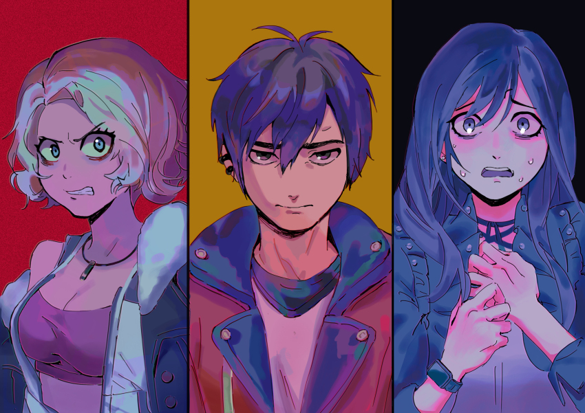 1boy, 2girls, absurdres, aloiciaclee, black_hair, blonde_hair, breasts, buried_stars