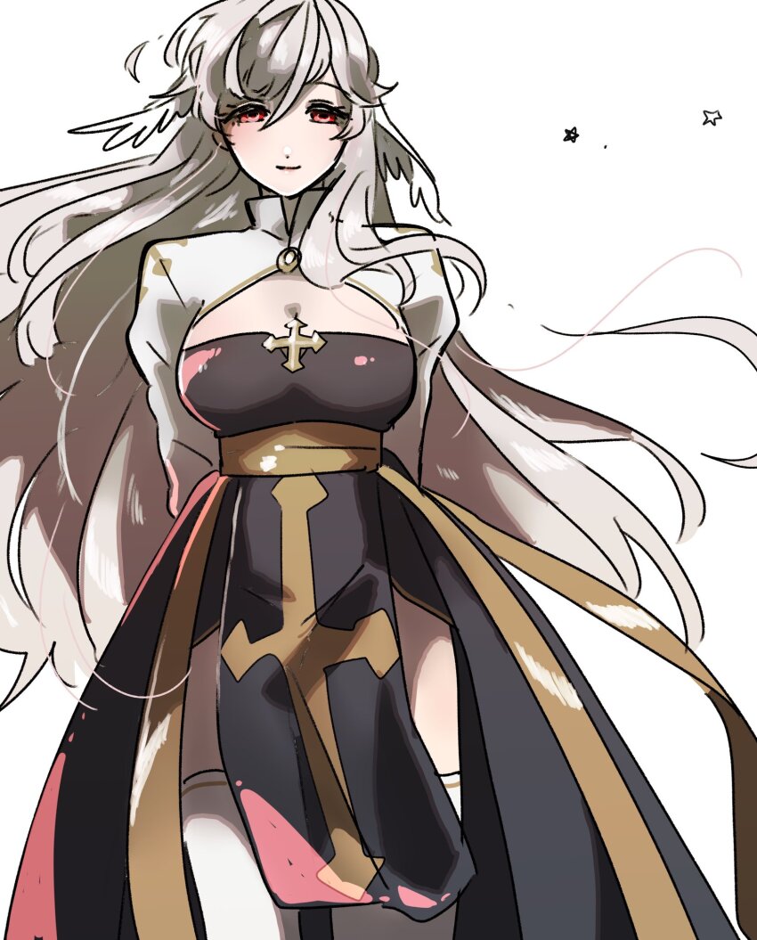 1girl, arch_bishop_(ragnarok_online), black_dress, blush, breasts, cleavage, cleavage_cutout, closed_mouth