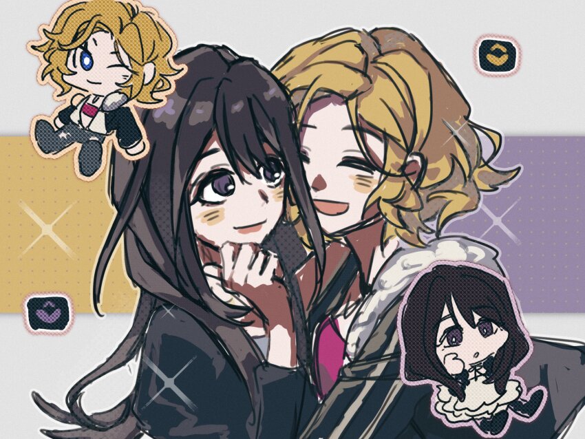 2girls, black_hair, blonde_hair, blue_eyes, blush, buried_stars, dress, heart