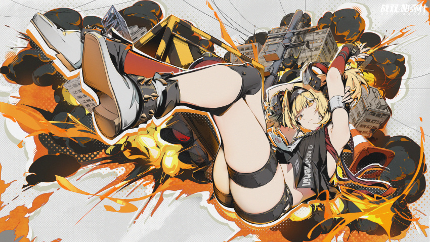absurdres, alternate_costume, artist_request, blonde_hair, building, explosion, fingerless_gloves, fire