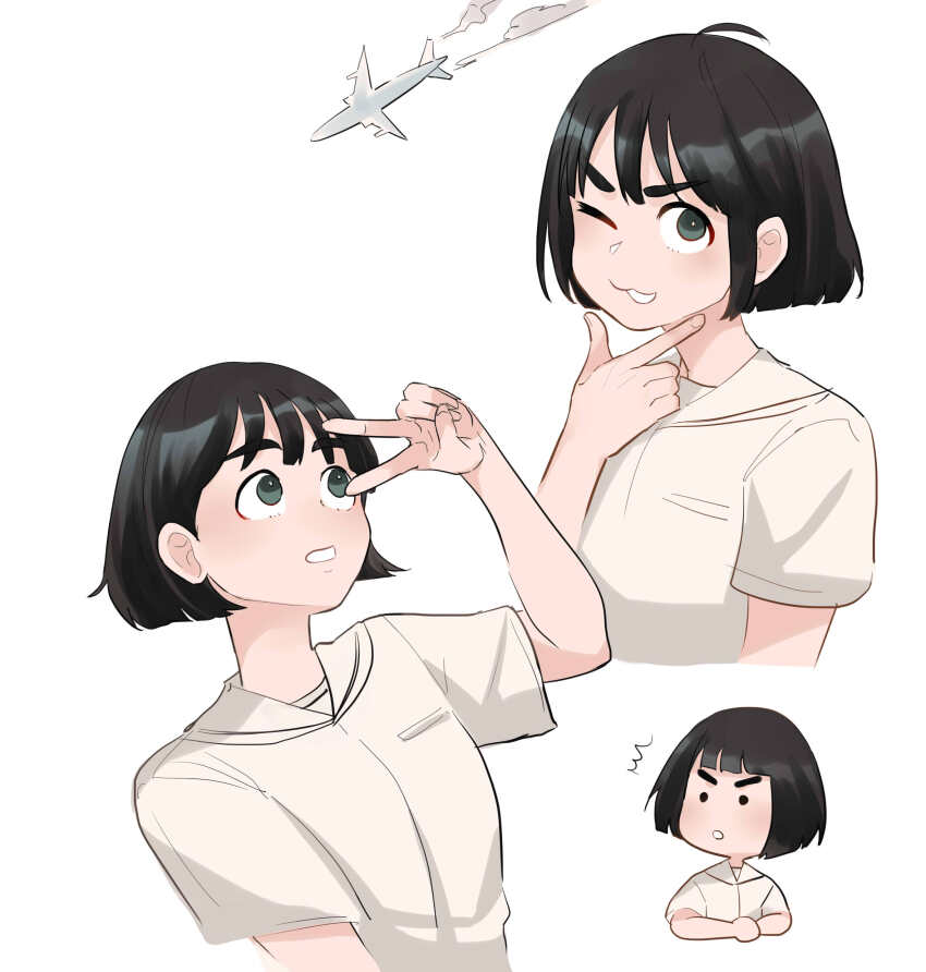 1girl, :3, :o, ;), absurdres, after_school_lessons_for_unripe_apples, aircraft, airplane, black_eyes, black_hair, bob_cut, commentary, green_eyes, highres, hwang_mi-ae, looking_up, multiple_views, one_eye_closed, palettebaibailu, short_hair, short_sleeves, simple_background, smile, thick_eyebrows, upper_body, upturned_eyes, v, v-shaped_eyebrows, white_background