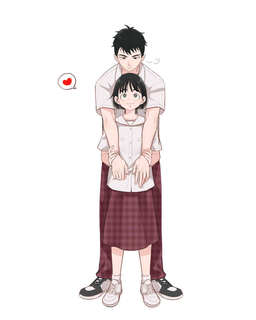 1boy, 1girl, absurdres, after_school_lessons_for_unripe_apples, black_eyes, black_hair, bob_cut, brown_pants, brown_skirt, closed_mouth, commentary, eye_contact, green_eyes, heart, height_difference, hetero, highres, holding_another's_wrist, hwang_mi-ae, kim_cheol, looking_at_another, looking_down, looking_up, palettebaibailu, pants, plaid_clothes, plaid_pants, plaid_skirt, scar, scar_on_face, school_uniform, shirt, short_hair, skirt, smile, socks, spoken_heart, standing, thick_eyebrows, unmoving_pattern, wavy_hair, wavy_mouth, white_footwear, white_shirt, white_socks