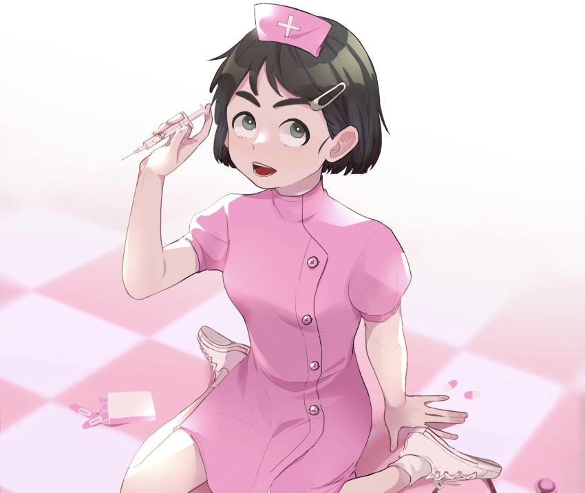 1girl, :o, after_school_lessons_for_unripe_apples, bandaid, black_hair, bob_cut, commentary, dress