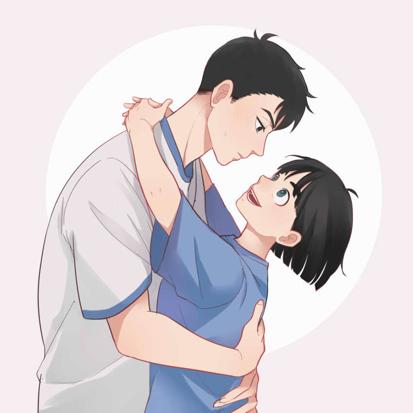 1boy, 1girl, after_school_lessons_for_unripe_apples, black_hair, blue_shirt, bob_cut, commentary, eye_contact