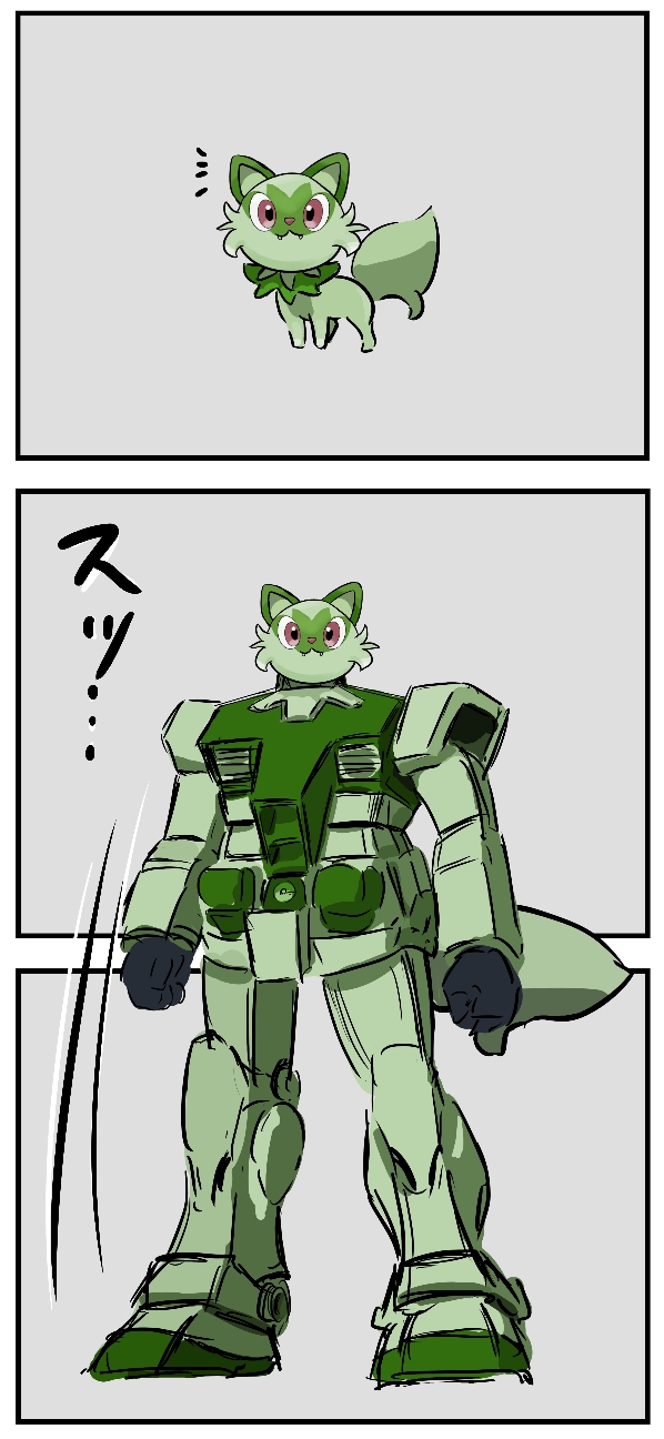 3koma, cacomistle_(artist), cat_tail, comic, commentary_request, fangs, grey_background, gundam