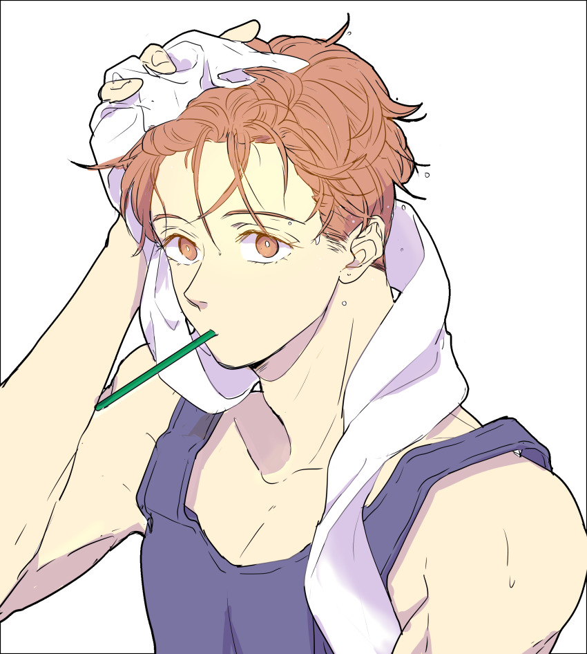 1boy, absurdres, after_school_lessons_for_unripe_apples, black_shirt, brown_eyes, brown_hair, drying, drying_hair