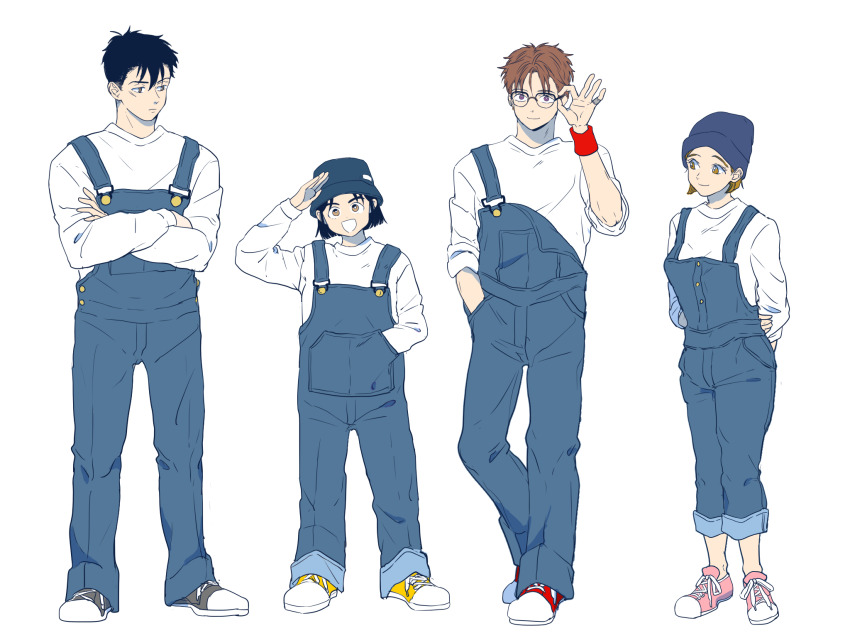 2boys, 2girls, :d, adjusting_eyewear, after_school_lessons_for_unripe_apples, arms_behind_back, black_footwear, black_hair