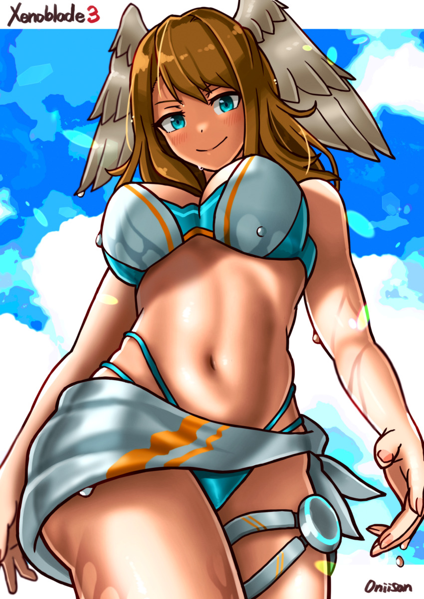 1girl, absurdres, angel_wings, bikini, blue_bikini, blush, breasts, brown_hair, cleavage, eunie_(xenoblade), head_wings, highres, large_breasts, legs, looking_at_viewer, navel, oniisan, sarong, short_hair, smile, solo, swimsuit, thighs, thong_bikini, toned, wet, wings, xenoblade_chronicles_(series), xenoblade_chronicles_3