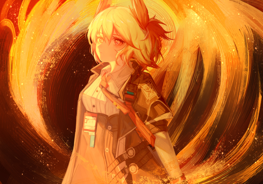 1girl, animal_ears, arknights, bird_ears, black_jacket, black_skirt, collared_shirt, cowboy_shot, fiammetta_(arknights), fire, greek_commentary, hair_between_eyes, high-waist_skirt, id_card, jacket, looking_at_viewer, luozixiaoliu, multicolored_hair, necktie, open_clothes, open_jacket, red_eyes, red_hair, red_necktie, shirt, short_hair, skirt, three-quarter_sleeves, streaked_hair, white_hair, white_shirt