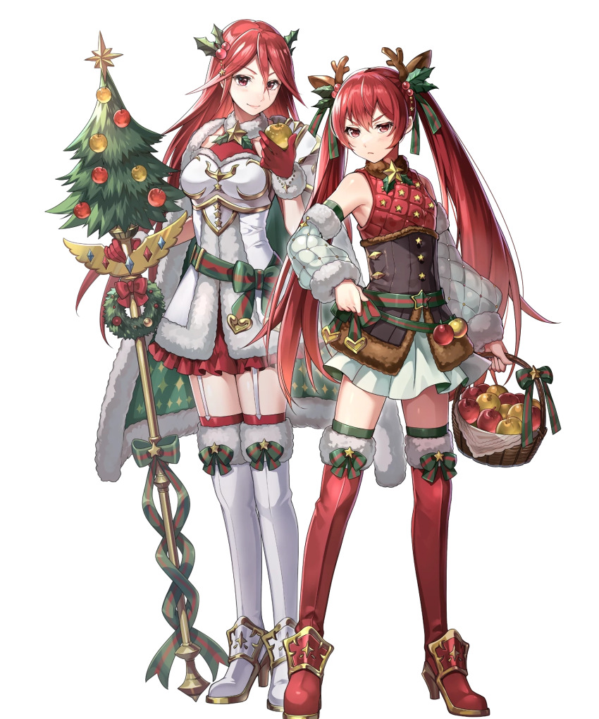 2girls, alternate_costume, animal_ears, antlers, apple, arm_warmers, armor, bare_shoulders