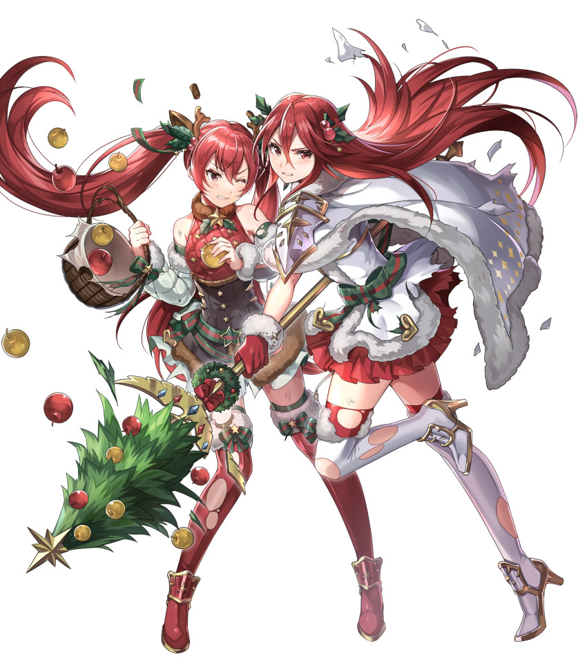 2girls, alternate_costume, animal_ears, antlers, apple, armor, bare_shoulders, boots