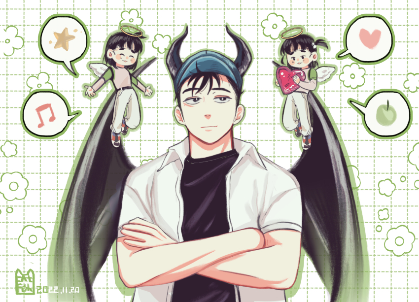 1boy, 1girl, absurdres, after_school_lessons_for_unripe_apples, apple, baseball_cap, beamed_eighth_notes, black_horns