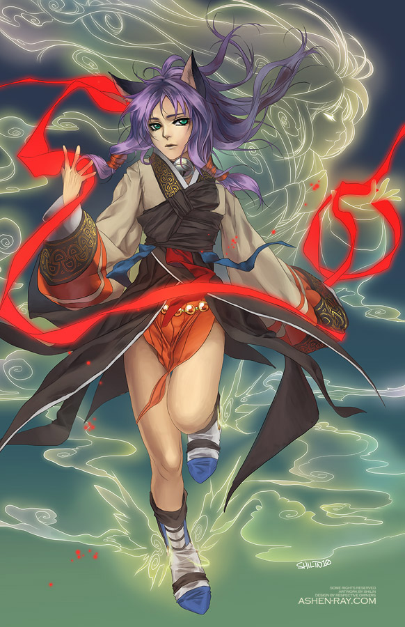 1girl, animal_ears, aura, bell, boots, brown_hanbok, cat_ears, commentary