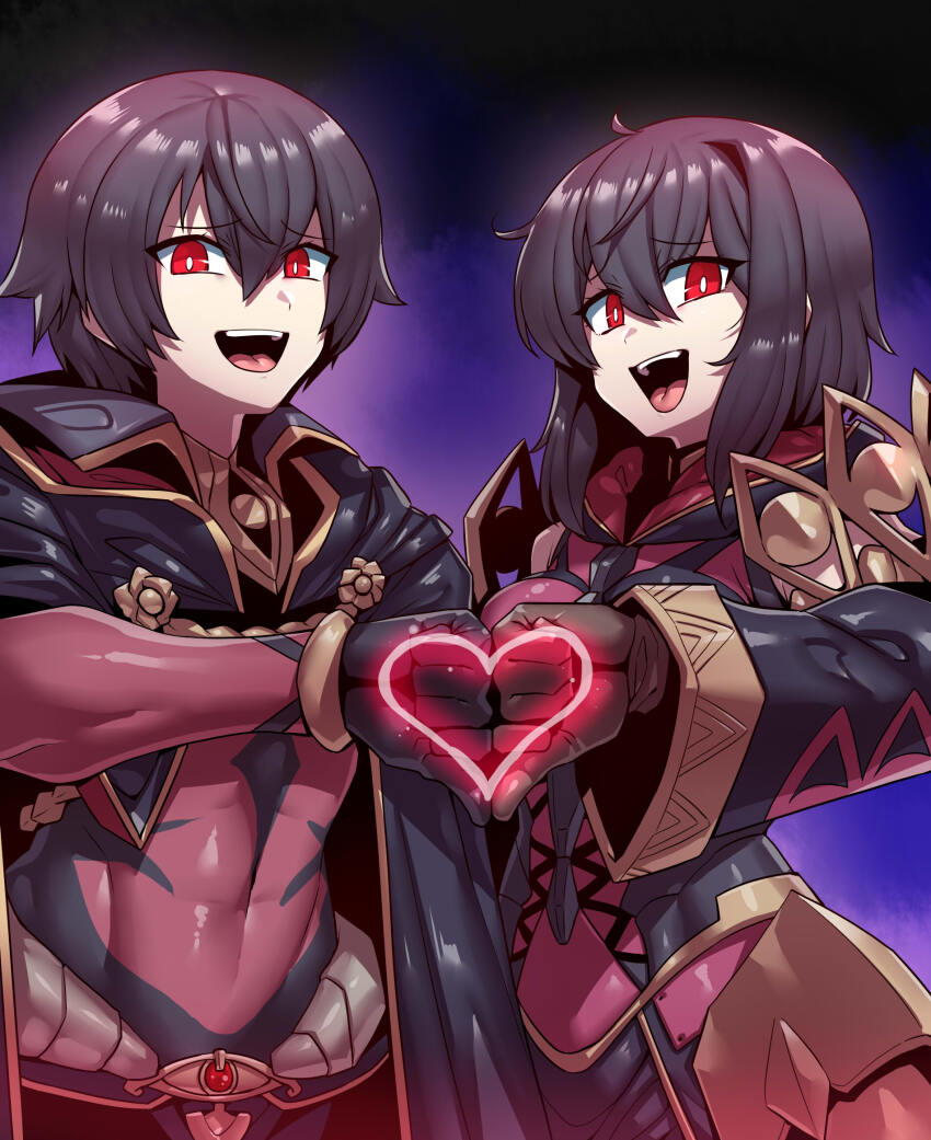 1boy, 1girl, abs, alternate_costume, black_cape, black_hair, cape, clenched_hands, commission, female_morgan_(devoted_darkness)_(fire_emblem), female_morgan_(fire_emblem), fire_emblem, fire_emblem_awakening, fire_emblem_heroes, heart, heart_hands, heart_hands_duo, highres, laughing, male_morgan_(fated_darkness)_(fire_emblem), male_morgan_(fire_emblem), nintendo, open_mouth, purple_background, red_eyes, skeb_commission, skin_tight, smug, thumbs_down, thumbs_down_heart_hands, tukiwani