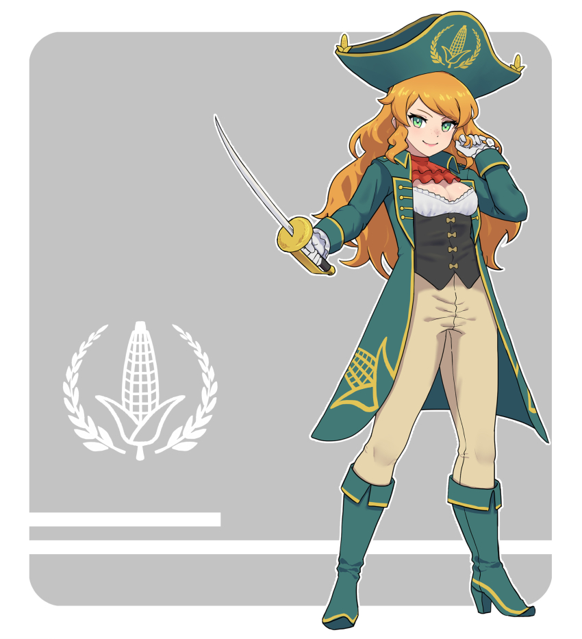 1girl, ascot, bicorne, black_vest, boots, breasts, brown_hair, cleavage