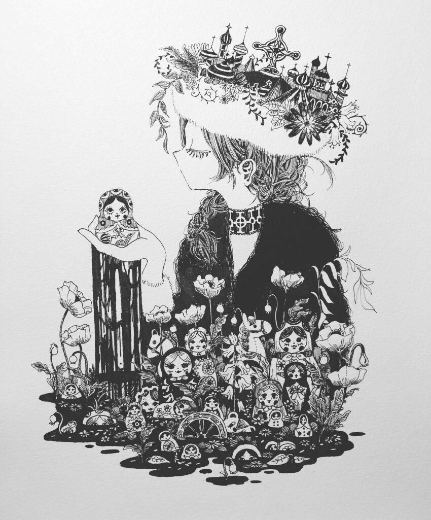 1girl, braid, building, choker, closed_eyes, coat, cross, cupola_(building), doll, dripping, flower, fur_collar, greyscale, hair_over_shoulder, hat, hat_flower, highres, holding, holding_doll, leaf, liquid, long_hair, matryoshka_doll, miniature, monochrome, original, photo_(medium), profile, shi_(yotsuhaka), traditional_media, withered