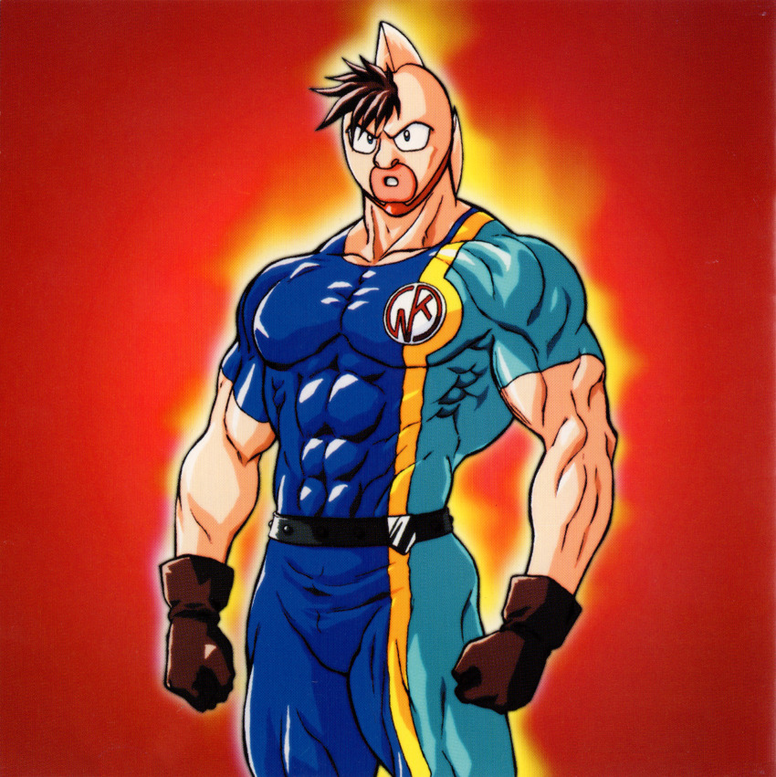 1boy, abs, absurdres, biceps, brown_hair, clenched_hands, gloves, highres