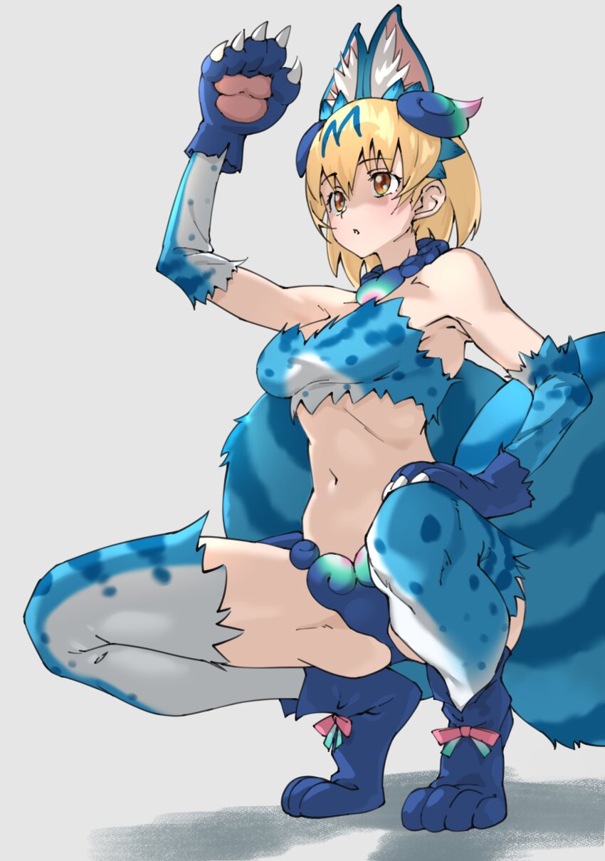 1girl, absurdres, animal_ear_fluff, animal_ears, animal_hands, animal_print, arm_up, bare_shoulders, blonde_hair, breasts, brown_eyes, claws, commentary, elbow_gloves, extra_ears, full_body, gloves, grey_background, hair_between_eyes, hand_on_own_knee, highres, kemono_friends, large_tail, looking_away, medium_breasts, navel, paw_gloves, paw_shoes, print_gloves, print_thighhighs, serval_(kemono_friends), shiserval_right, short_hair, simple_background, solo, squatting, stomach, tail, tanabe_(fueisei), thighhighs