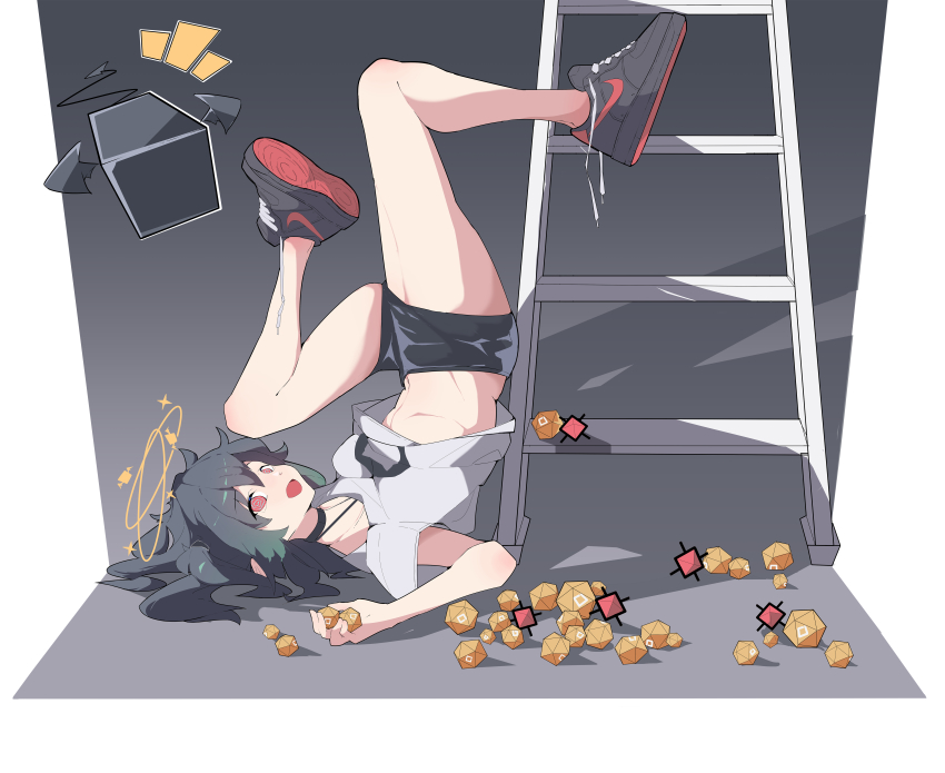 1girl, @_@, absurdres, arknights, black_choker, black_hair, black_shoes, black_shorts, choker, closure_(arknights), dizzy, drone, fallen_down, highres, ladder, long_hair, nike_(company), nike_air_force_1, open_mouth, originium_(arknights), orundum_(arknights), postalworks, red_eyes, shirt, shoes, shorts, sneakers, solo, untied_shoelaces, upside-down, white_shirt