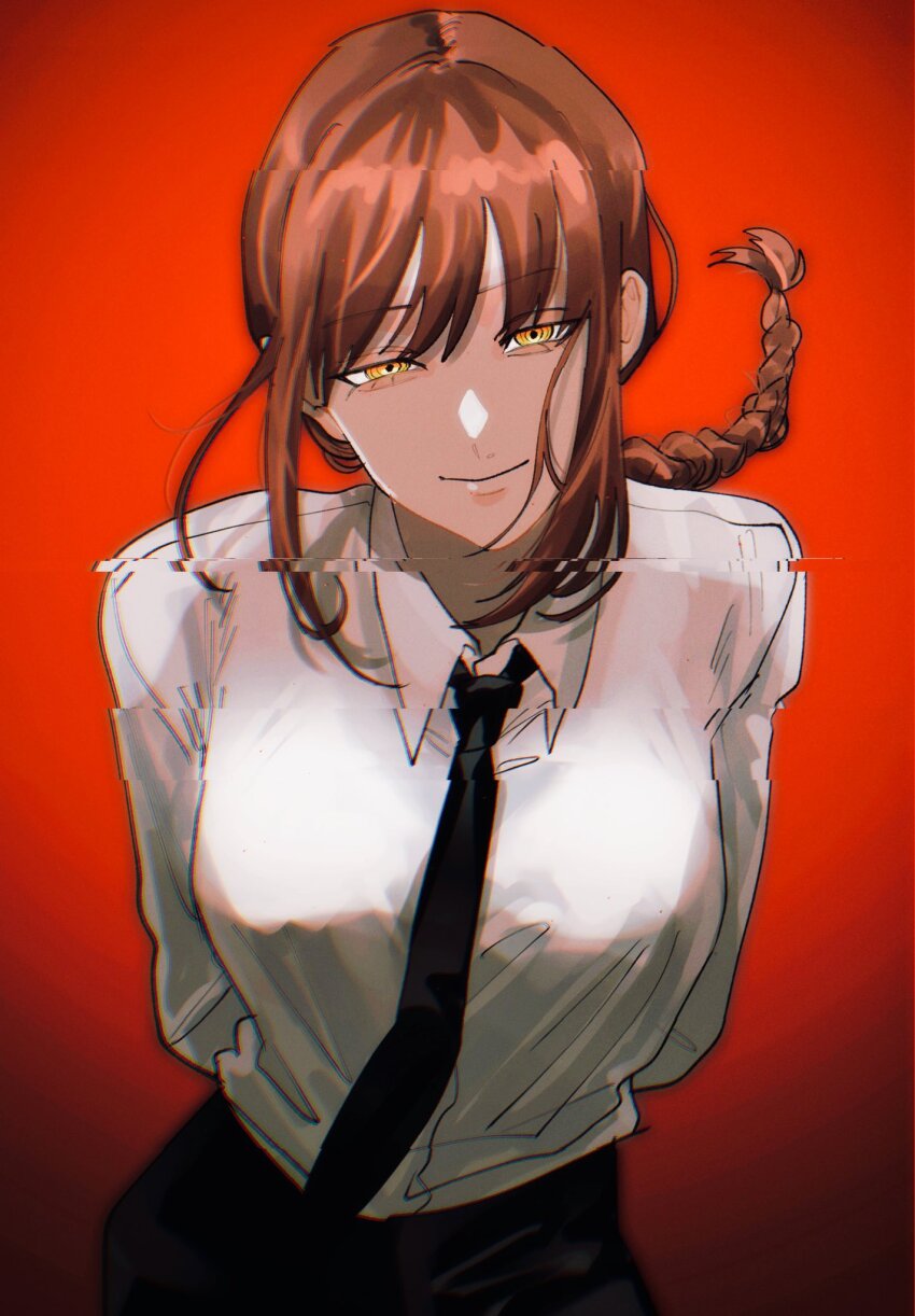 1girl, arms_behind_back, black_necktie, black_pants, braid, chainsaw_man, collared_shirt, glitch, half-closed_eyes, highres, leaning_forward, looking_at_viewer, makima_(chainsaw_man), momiage_40, necktie, office_lady, pants, red_background, red_hair, ringed_eyes, shirt, shirt_tucked_in, simple_background, single_braid, smile, solo, upper_body, white_shirt, yellow_eyes