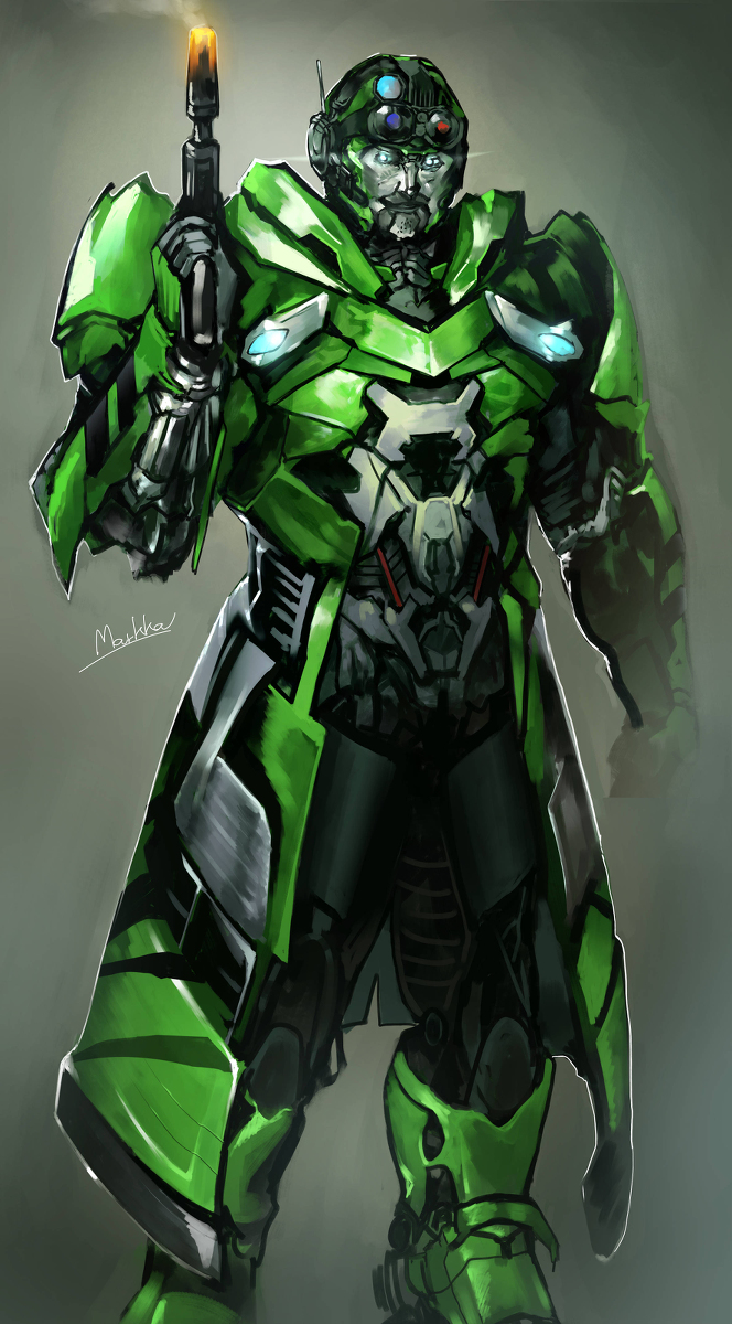 artist_name, autobot, blue_eyes, clenched_hand, crosshairs_(transformer), grey_background, gun, highres