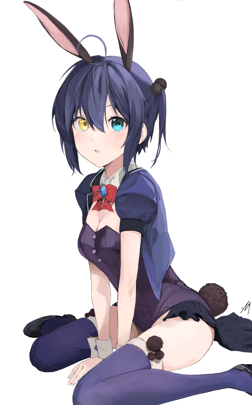 1girl, absurdres, alternate_costume, animal_ears, arm_support, arms_between_legs, black_footwear, black_leotard