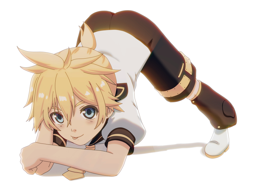 1boy, aqua_eyes, blonde_hair, blue_eyes, commentary, commentary_request, english_commentary, flexible, hair_ornament, hands_on_ground, highres, hirobakar, jack-o'_challenge, kagamine_len, looking_at_viewer, male_focus, meme, necktie, sailor_collar, short_hair, shorts, simple_background, smile, solo, spread_legs, tongue, tongue_out, top-down_bottom-up, twitter, vocaloid, white_background, wide_spread_legs