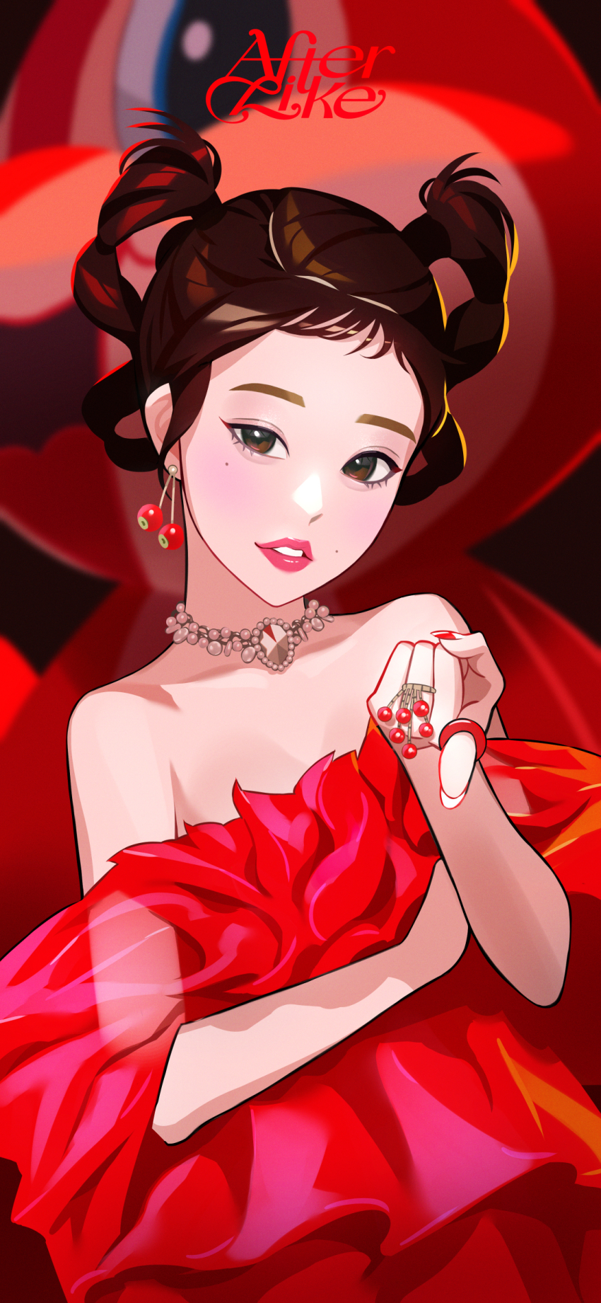 1girl, absurdres, after_like_(ive), animification, blush, bracelet, breasts, brown_eyes, brown_hair, cleavage, collarbone, dress, head_tilt, highres, ive_(group), jewelry, k-pop, making-of_available, mole, mole_on_cheek, mole_under_eye, off-shoulder_dress, off_shoulder, parted_lips, pointing, pointing_at_viewer, real_life, red_dress, ring, small_breasts, solo, song_name, twintails, upper_body, jang_wonyoung, yeoneotail