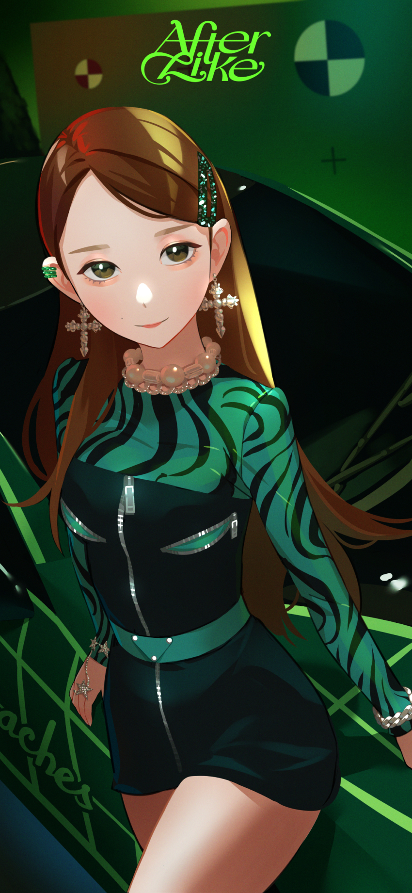 1girl, absurdres, after_like_(ive), animification, belt, black_shorts, breasts, brown_eyes, brown_hair, cross, cross_earrings, earrings, green_belt, green_shirt, hair_behind_ear, hair_ornament, hairclip, highres, ive_(group), jewelry, k-pop, leeseo_(ive), long_hair, long_sleeves, looking_at_viewer, making-of_available, medium_breasts, mole, mole_above_mouth, parted_bangs, real_life, shirt, shorts, smile, solo, song_name, very_long_hair, yeoneotail